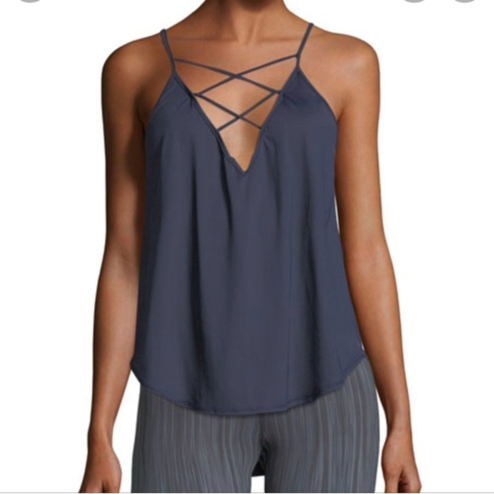 VIMMIA Trellis Tank Top Athleisure Silky Stretch Navy Cami Pleated Athletic Sz S